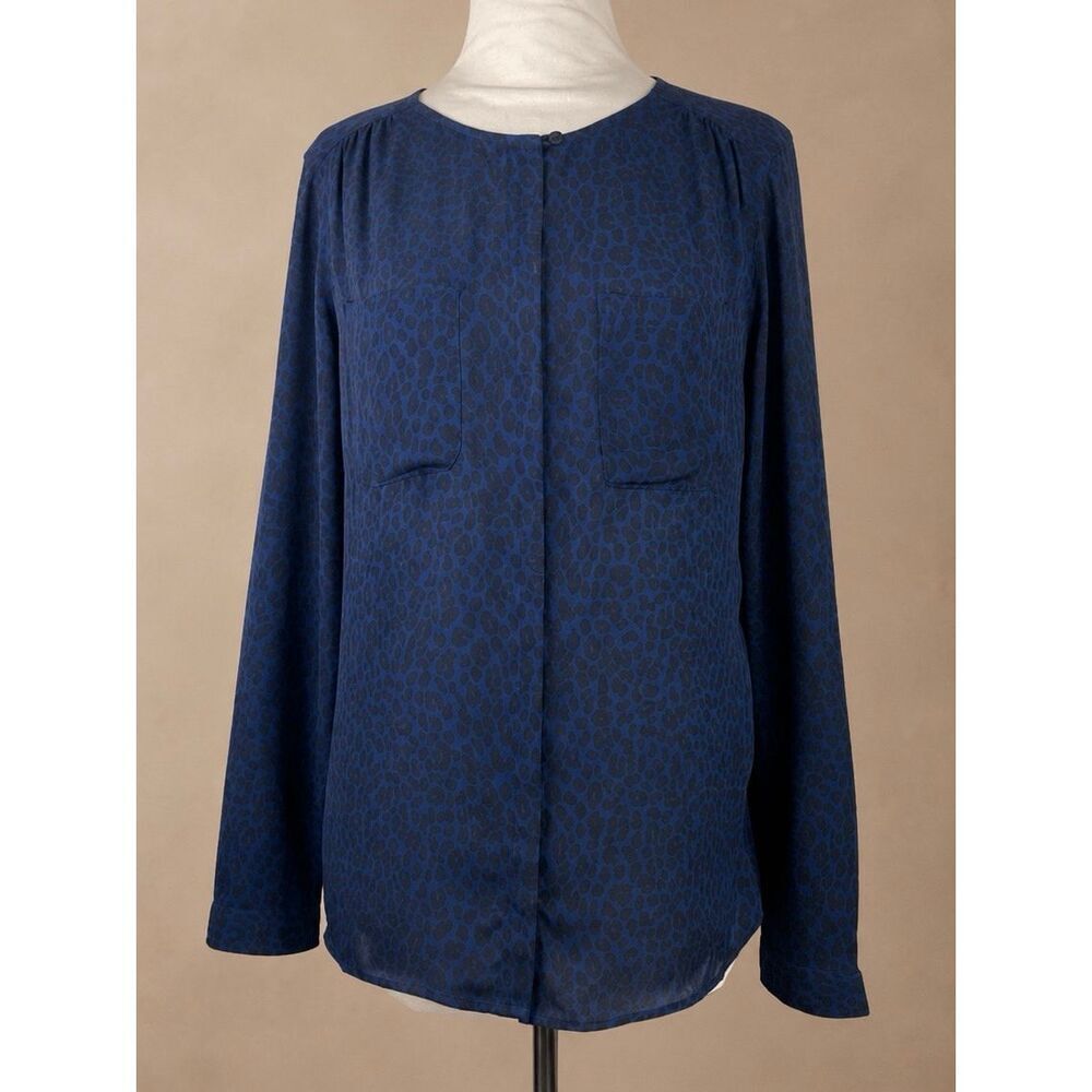 LOFT Sz S blouse leopard print top career blue black